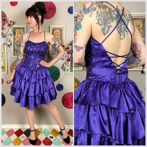 Vintage 1980s Purple Satin Sequins Corset Lace-Up Back Mini Prom Dress